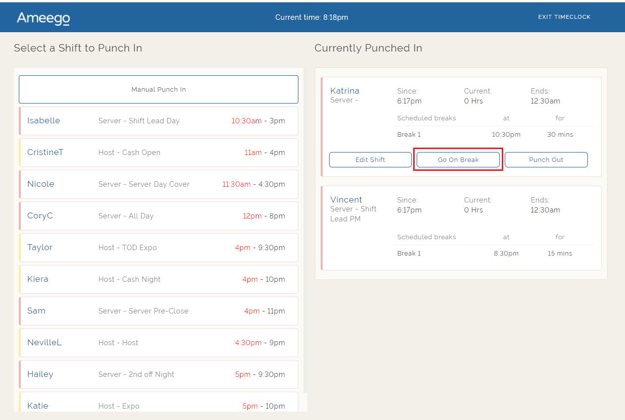 Section 2 - Employee and Manager Time Clock Functions – Ameego