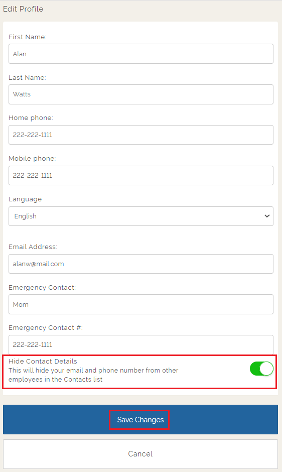 How can I hide my contact information in Ameego Anyware? Ameego
